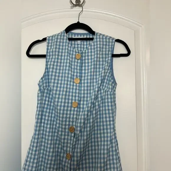 Leelanau Gingham Blue 100% Linen Button-Down Mini Dress size XS 60s cottage core - Picture 5 of 12